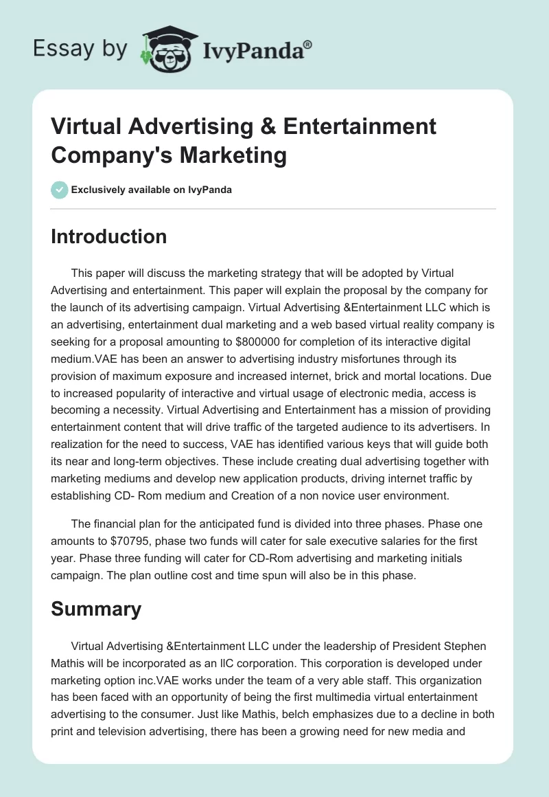 Virtual Advertising & Entertainment Company's Marketing. Page 1