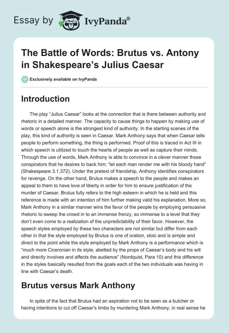 The Battle of Words: Brutus vs. Antony in Shakespeare’s Julius Caesar. Page 1