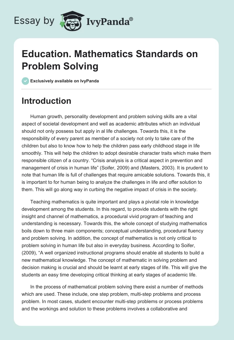 Education. Mathematics Standards on Problem Solving. Page 1