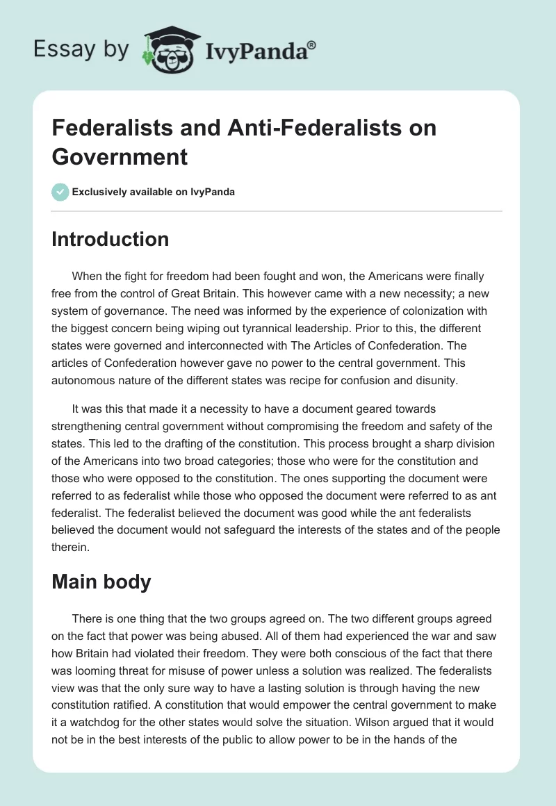 Federalists and Anti-Federalists on Government. Page 1