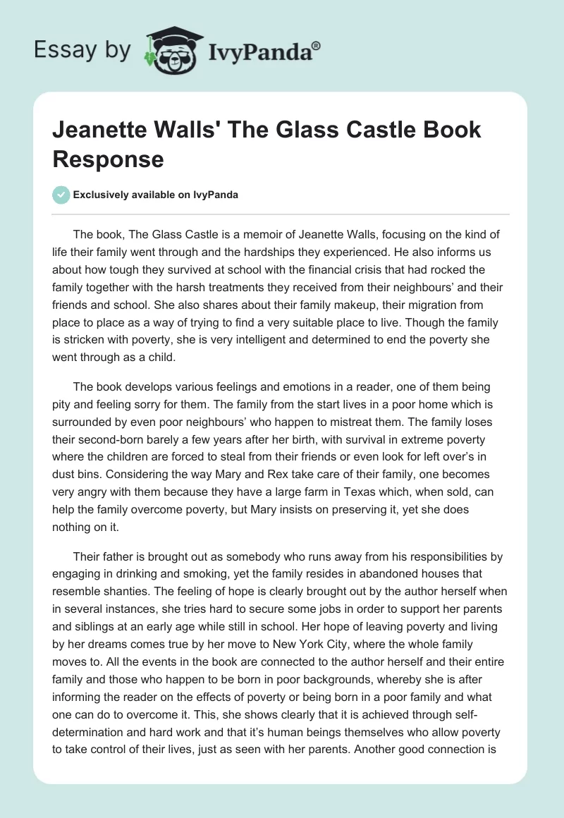 Jeanette Walls' "The Glass Castle" Book Response. Page 1