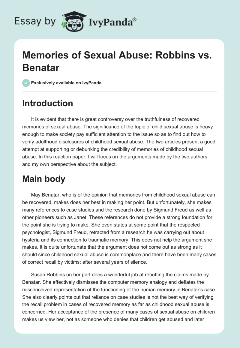Memories of Sexual Abuse: Robbins vs. Benatar. Page 1