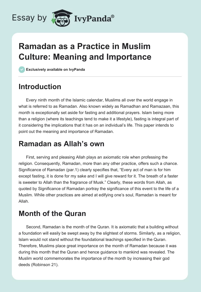 Ramadan as a Practice in Muslim Culture: Meaning and Importance. Page 1
