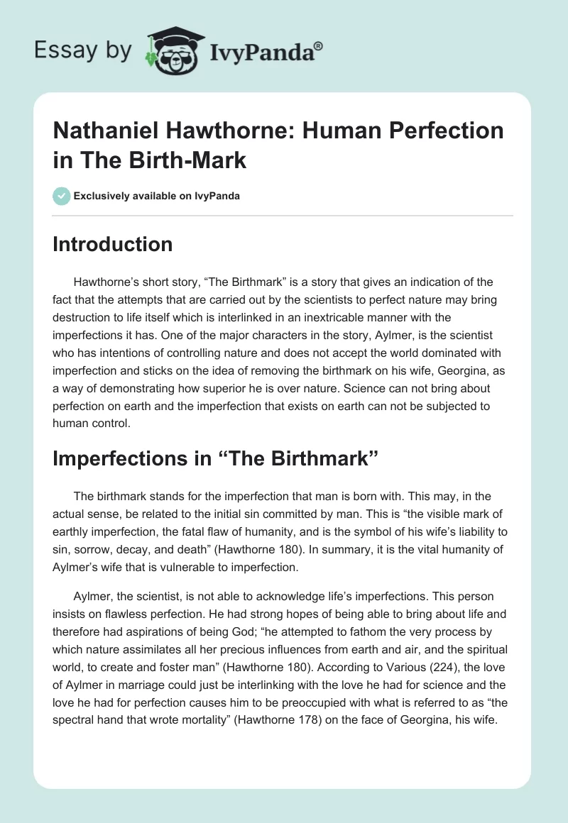 Nathaniel Hawthorne: Human Perfection in "The Birth-Mark". Page 1