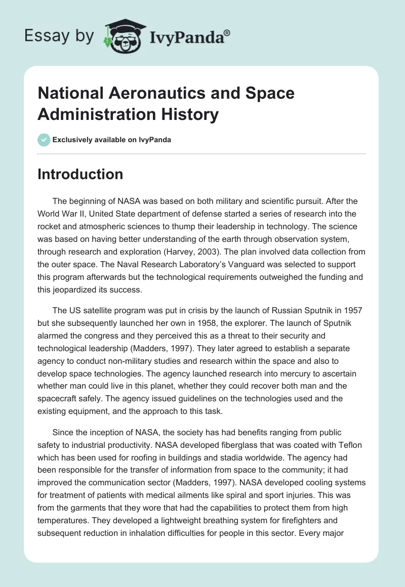 National Aeronautics and Space Administration History. Page 1