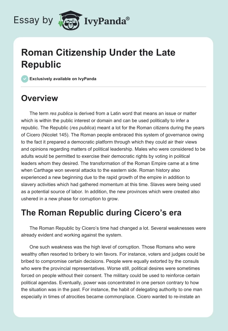 Roman Citizenship Under the Late Republic. Page 1