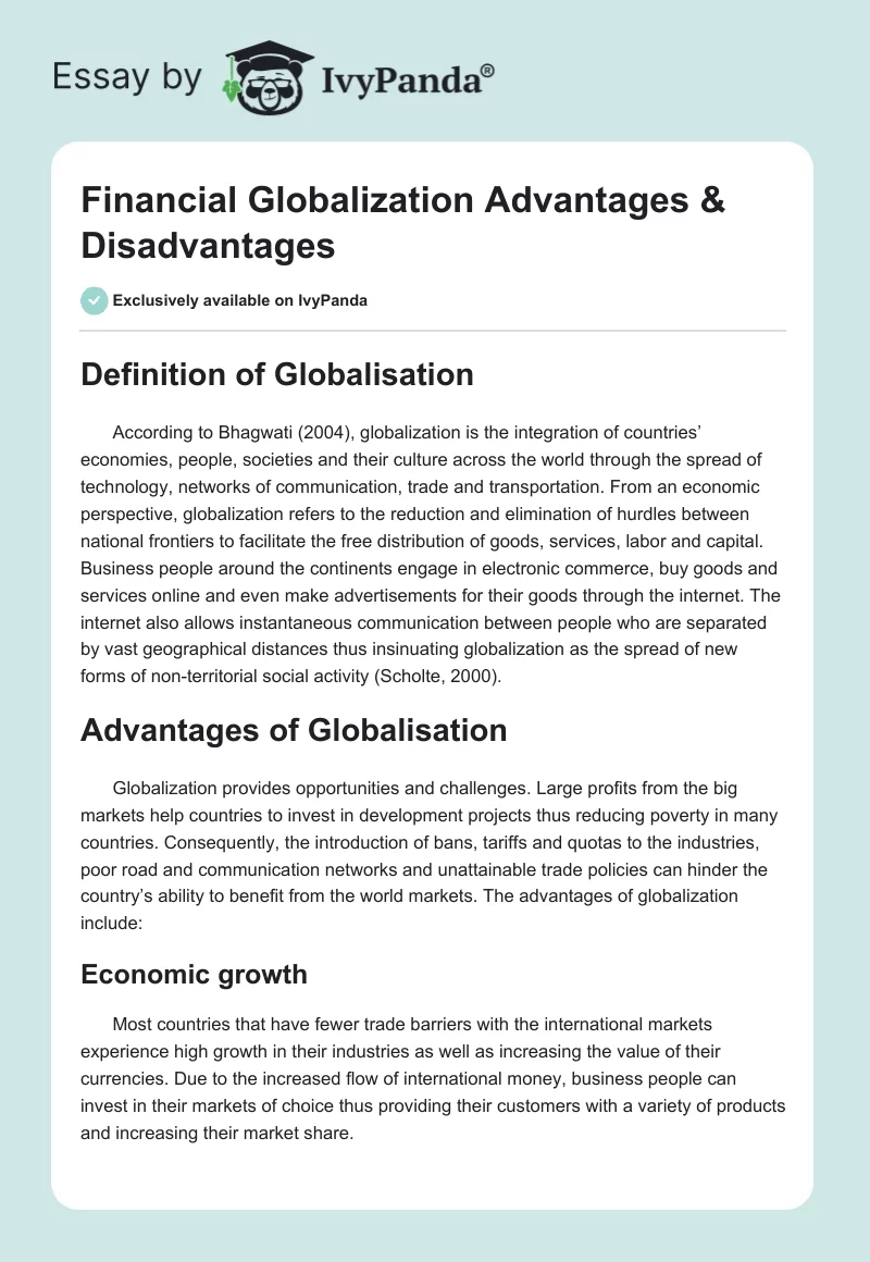 Financial Globalization Advantages & Disadvantages. Page 1