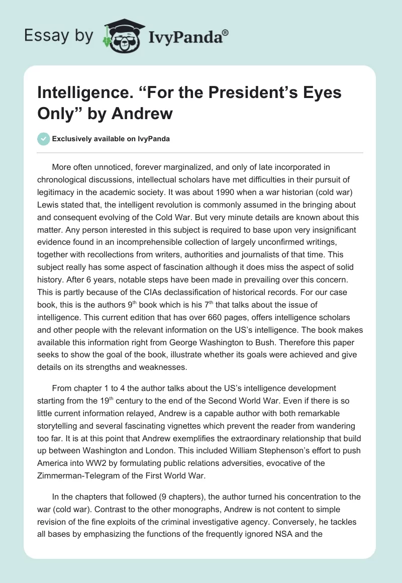 Intelligence. “For the President’s Eyes Only” by Andrew. Page 1