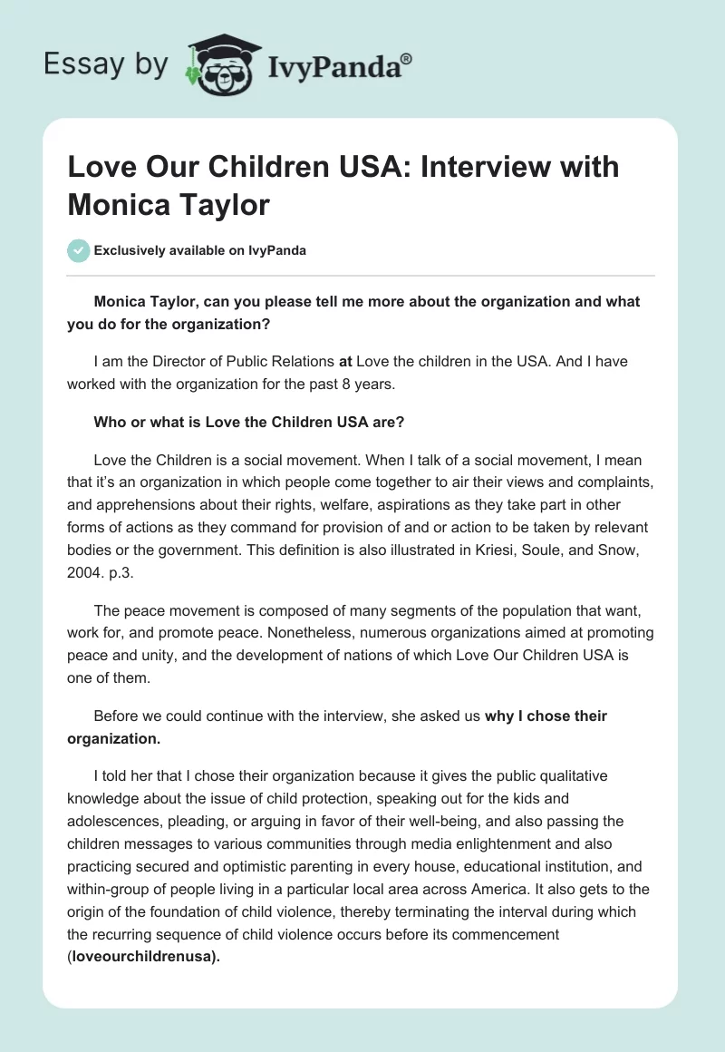 Love Our Children USA: Interview with Monica Taylor. Page 1