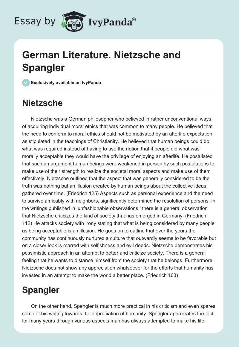 German Literature. Nietzsche and Spangler. Page 1