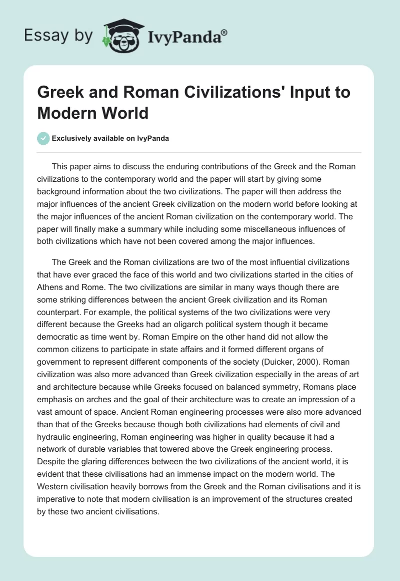Greek and Roman Civilizations' Input to Modern World. Page 1