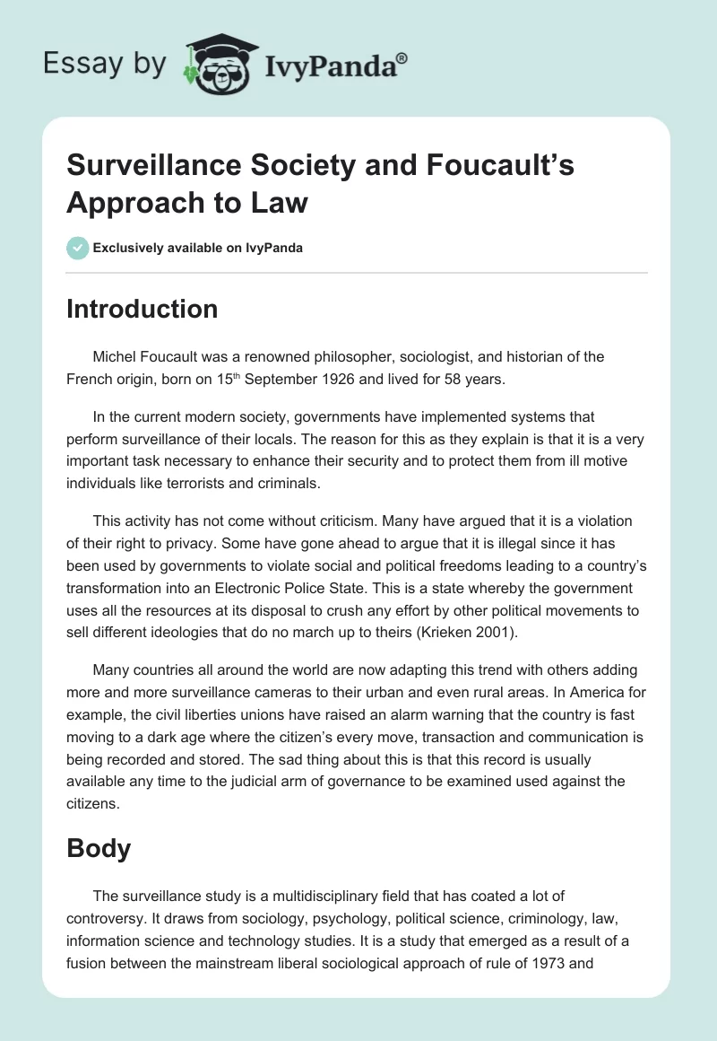 Surveillance Society and Foucault’s Approach to Law. Page 1