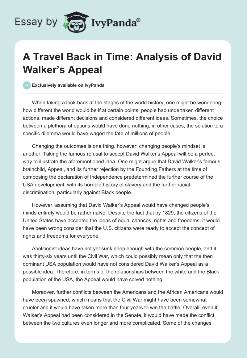 A Travel Back in Time: Analysis of David Walker’s Appeal. Page 1