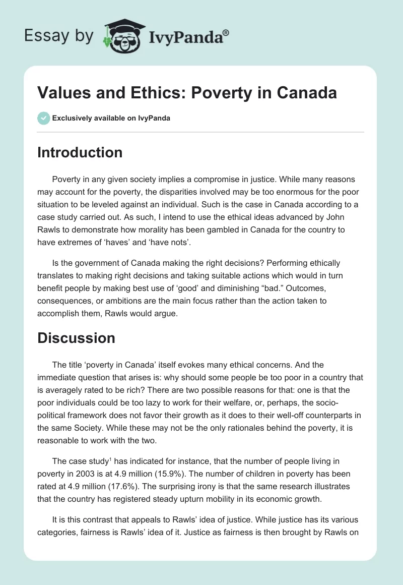 Values and Ethics: Poverty in Canada. Page 1