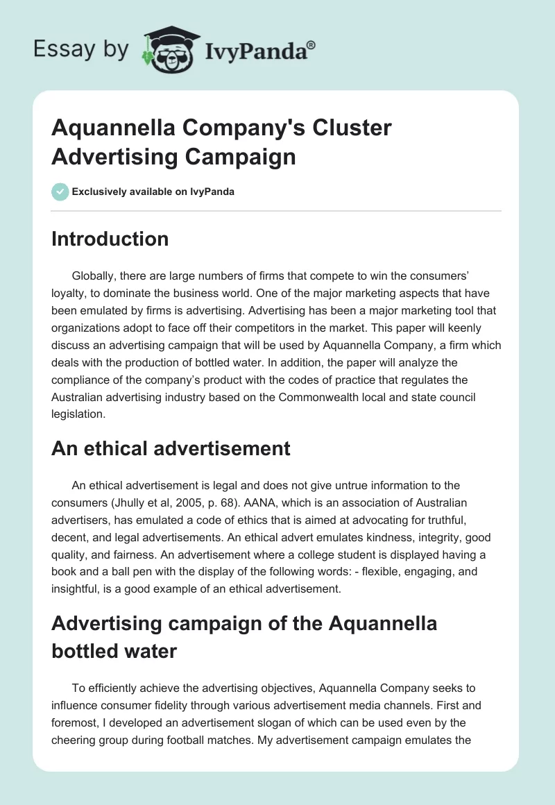 Aquannella Company's Cluster Advertising Campaign. Page 1