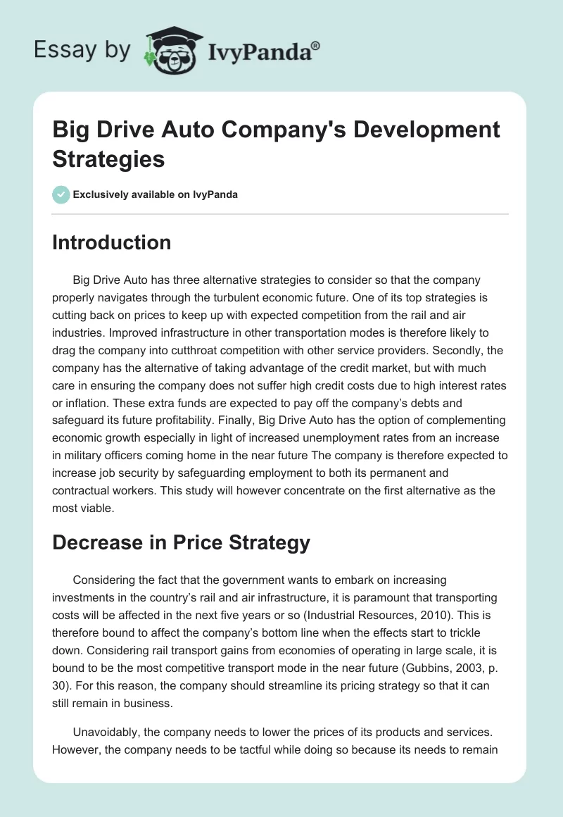 Big Drive Auto Company's Development Strategies. Page 1