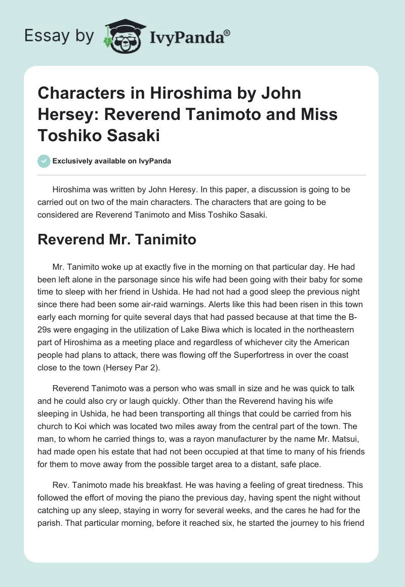 Characters in Hiroshima by John Hersey: Reverend Tanimoto and Miss Toshiko Sasaki. Page 1