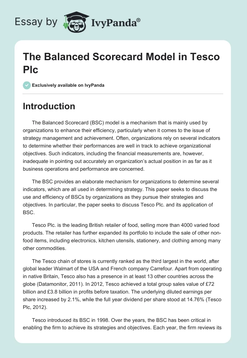 The Balanced Scorecard Model in Tesco Plc. Page 1