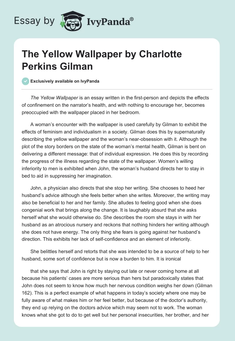 "The Yellow Wallpaper" by Charlotte Perkins Gilman. Page 1