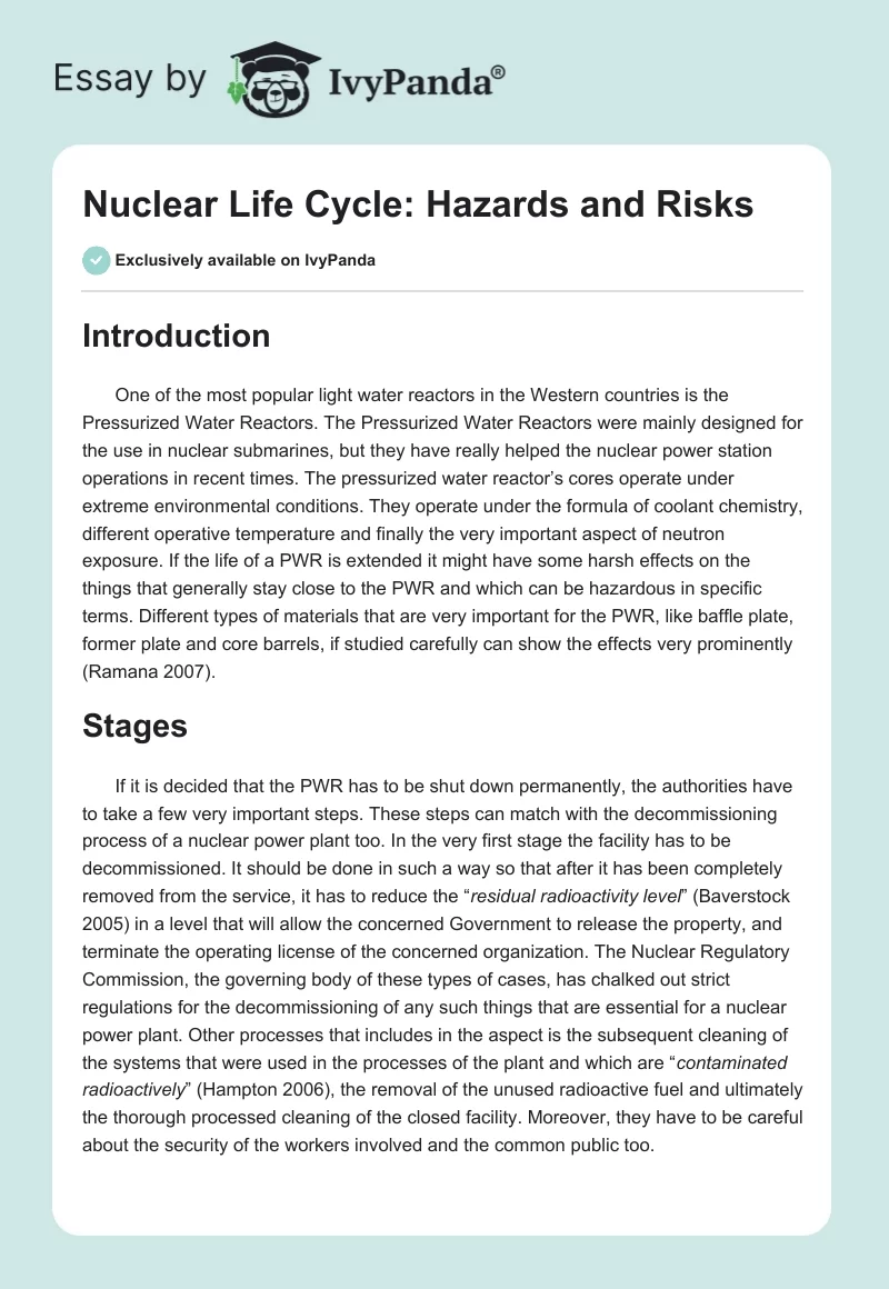 Nuclear Life Cycle: Hazards and Risks. Page 1