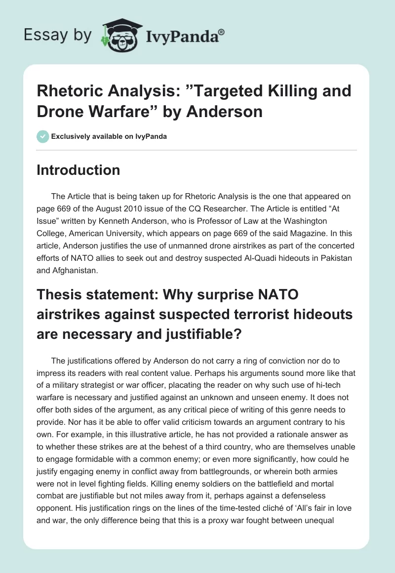 Rhetoric Analysis: ”Targeted Killing and Drone Warfare” by Anderson. Page 1