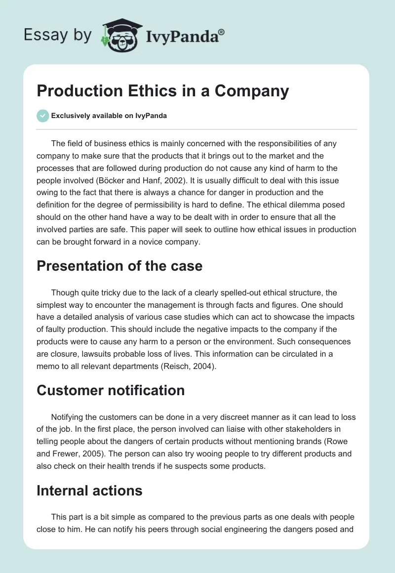 Production Ethics in a Company. Page 1