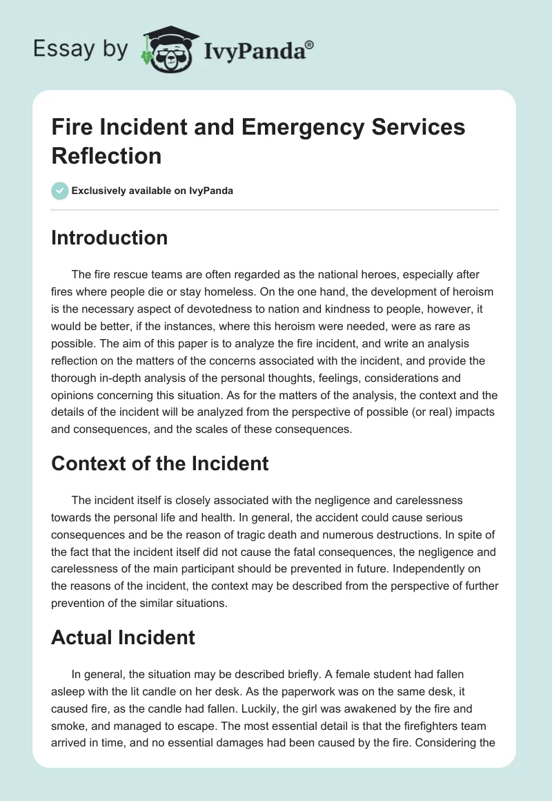 Fire Incident and Emergency Services Reflection. Page 1