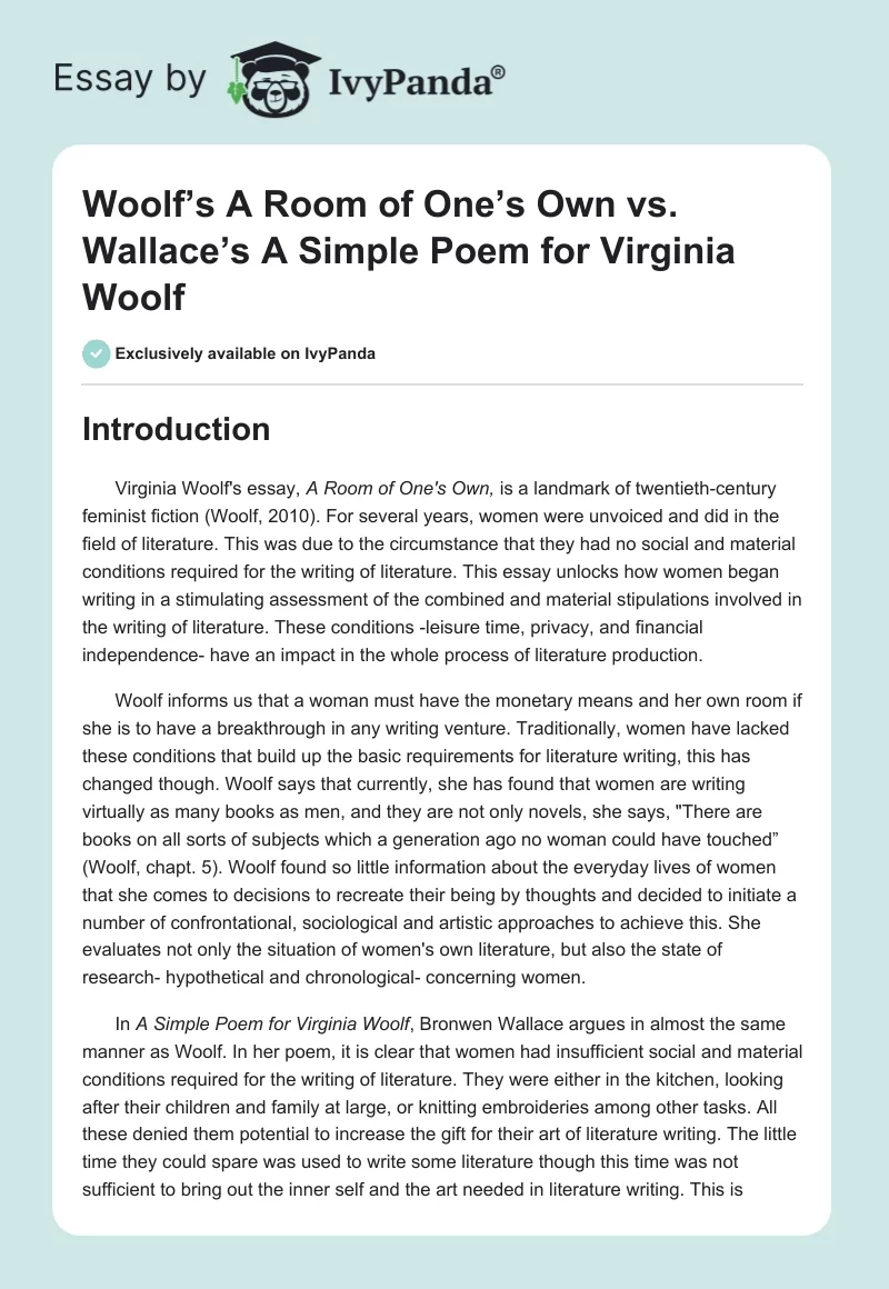 Woolf’s A Room of One’s Own vs. Wallace’s A Simple Poem for Virginia Woolf. Page 1