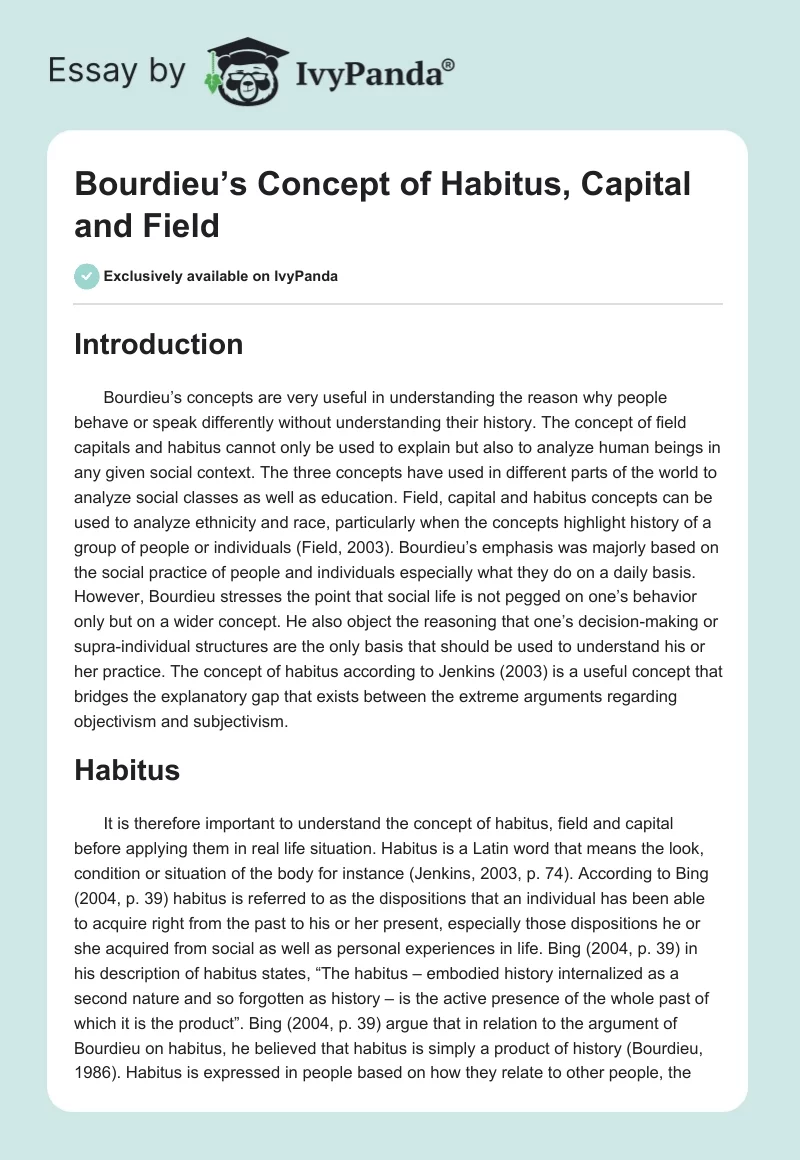 Bourdieu’s Concept of Habitus, Capital and Field. Page 1