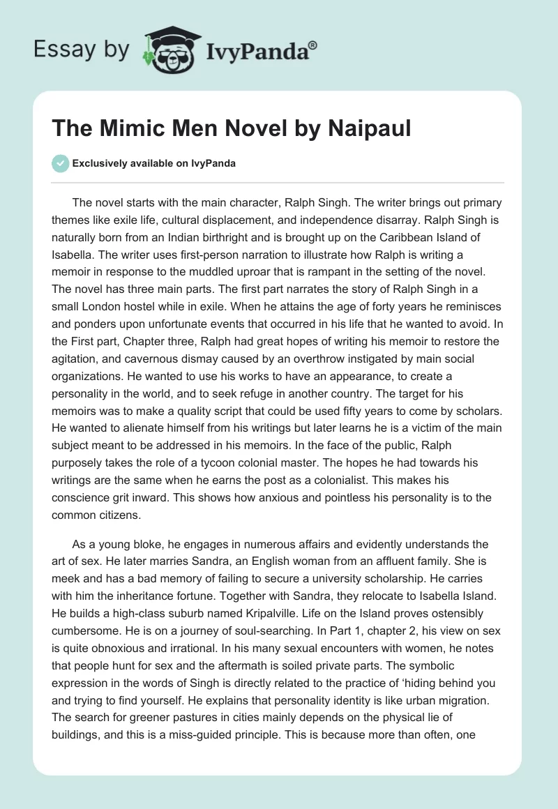 The Mimic Men Novel by Naipaul. Page 1