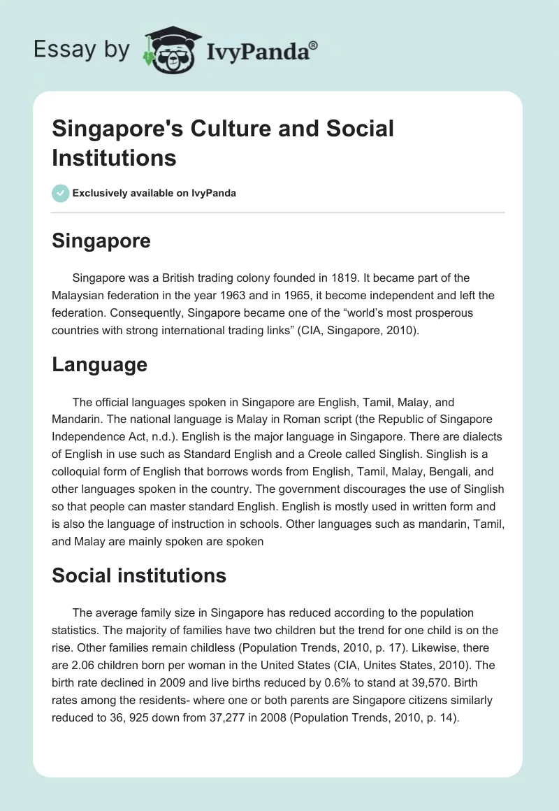Singapore's Culture and Social Institutions. Page 1