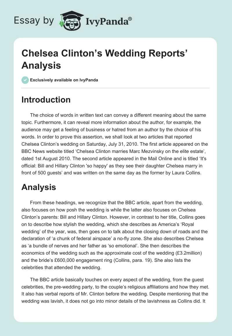 Chelsea Clinton’s Wedding Reports’ Analysis. Page 1