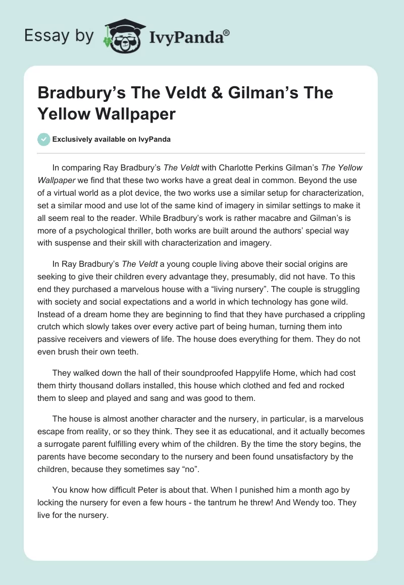 Bradbury’s The Veldt & Gilman’s The Yellow Wallpaper. Page 1