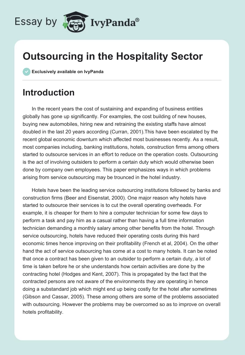 Outsourcing in the Hospitality Sector. Page 1