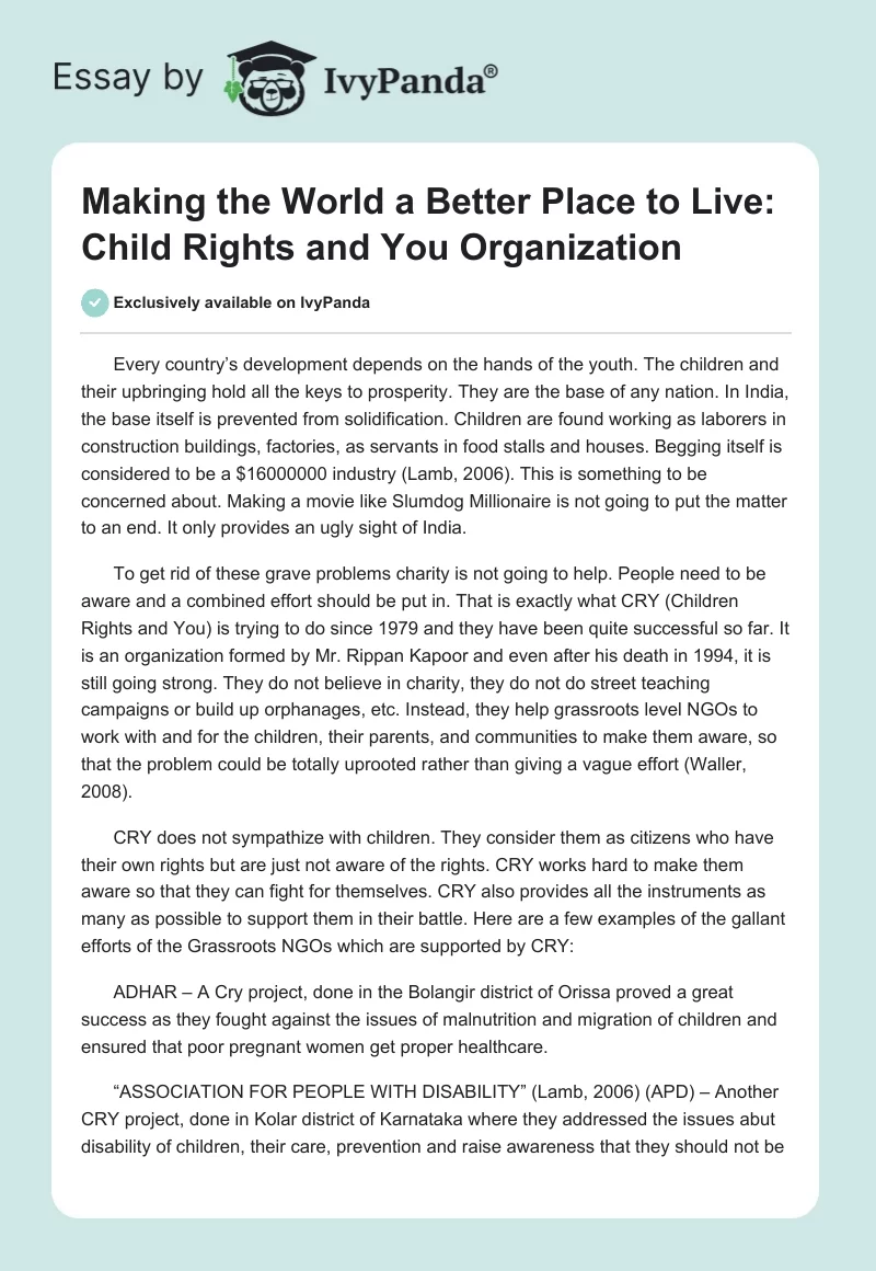 Making the World a Better Place to Live: Child Rights and You Organization. Page 1