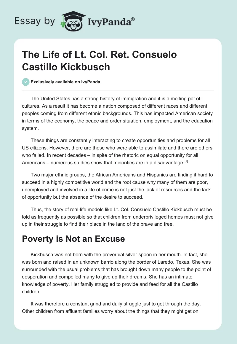 The Life of Lt. Col. Ret. Consuelo Castillo Kickbusch. Page 1
