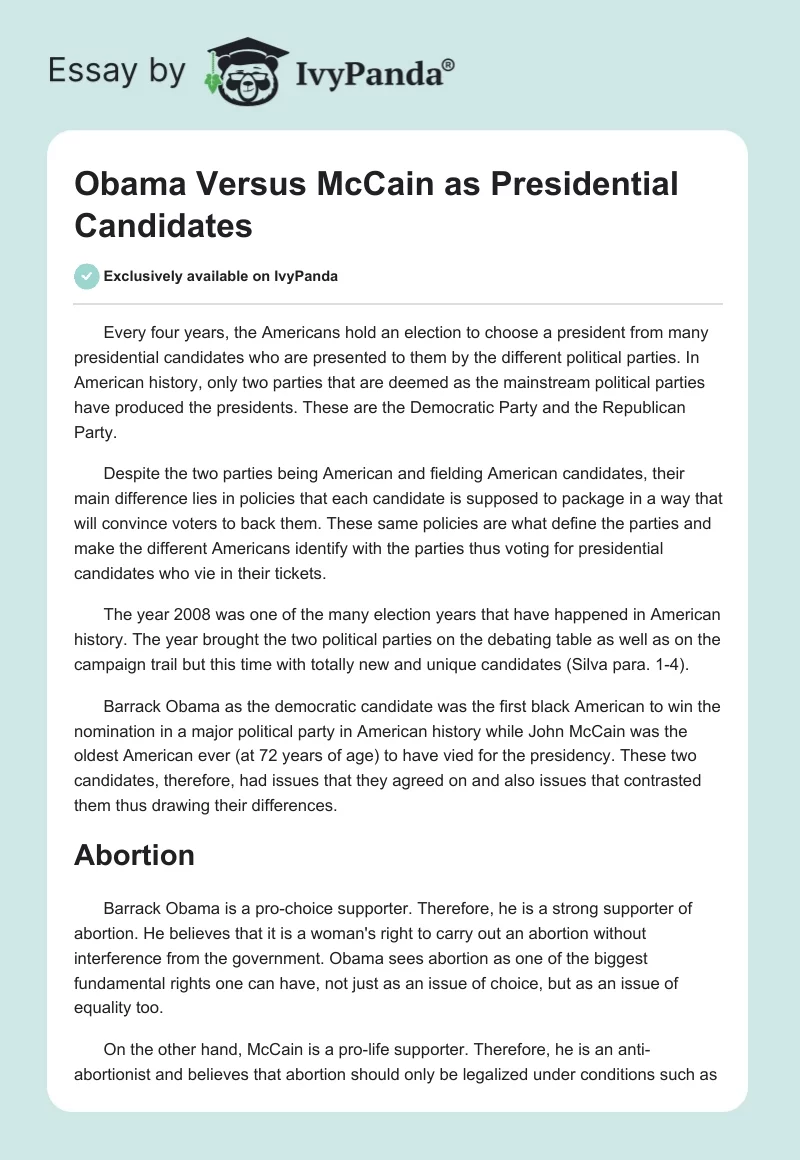 Obama Versus McCain as Presidential Candidates. Page 1
