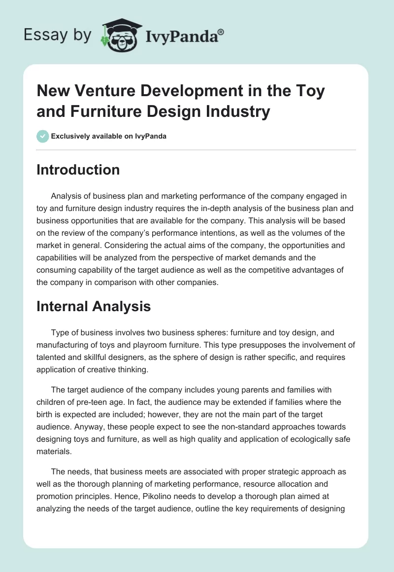 New Venture Development in the Toy and Furniture Design Industry. Page 1