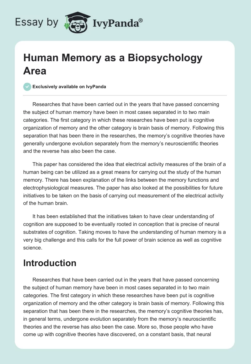 Human Memory as a Biopsychology Area. Page 1