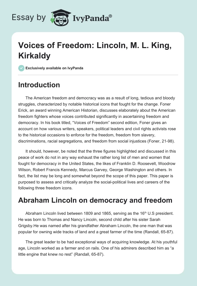 Voices of Freedom: Lincoln, M. L. King, Kirkaldy. Page 1