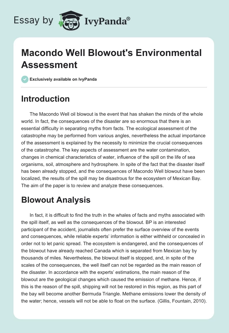 Macondo Well Blowout's Environmental Assessment. Page 1