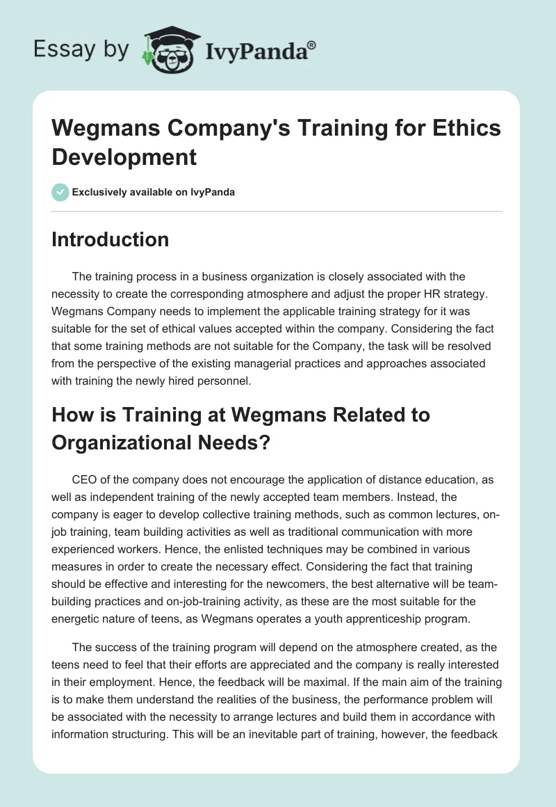 Wegmans Company's Training for Ethics Development. Page 1