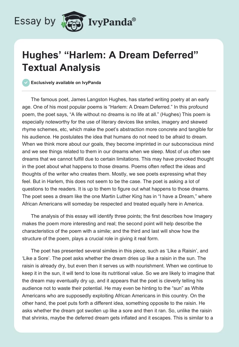 Hughes’ “Harlem: A Dream Deferred” Textual Analysis. Page 1