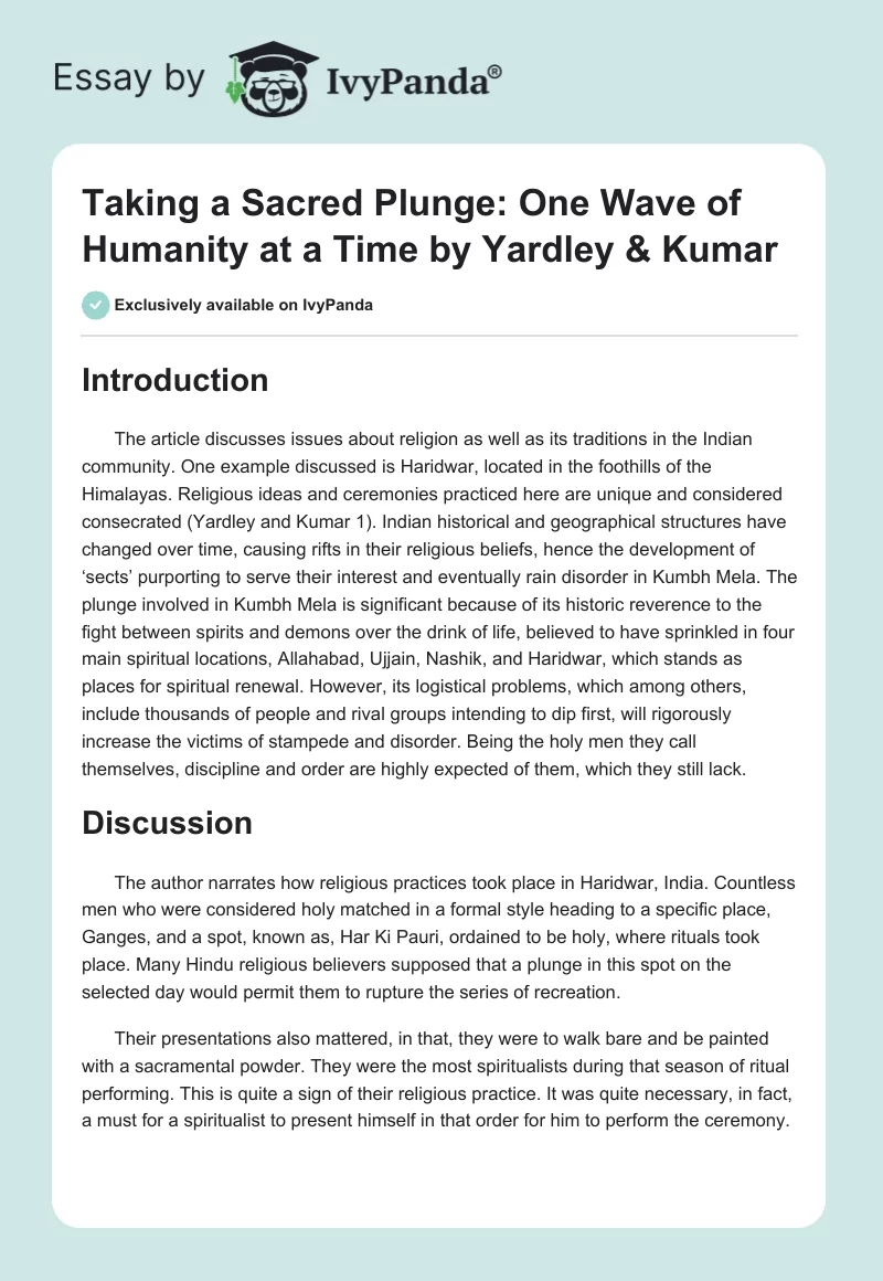 "Taking a Sacred Plunge: One Wave of Humanity at a Time" by Yardley & Kumar. Page 1