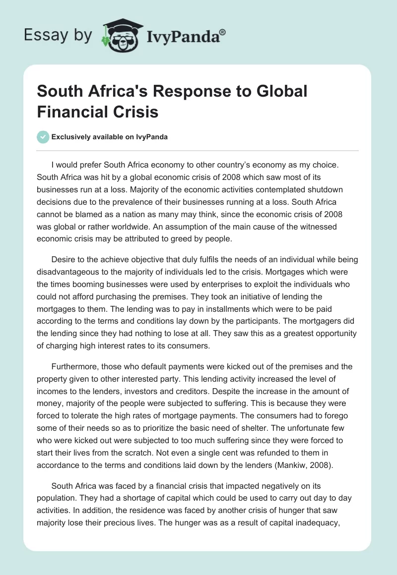South Africa's Response to Global Financial Crisis. Page 1