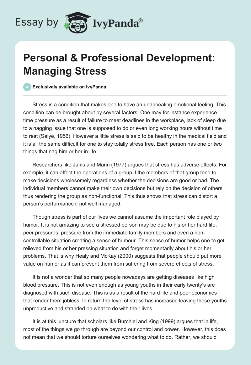 Personal & Professional Development: Managing Stress. Page 1