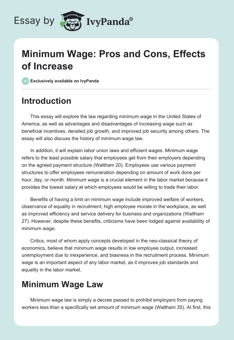 Minimum Wage: Pros and Cons, Effects of Increase. Page 1