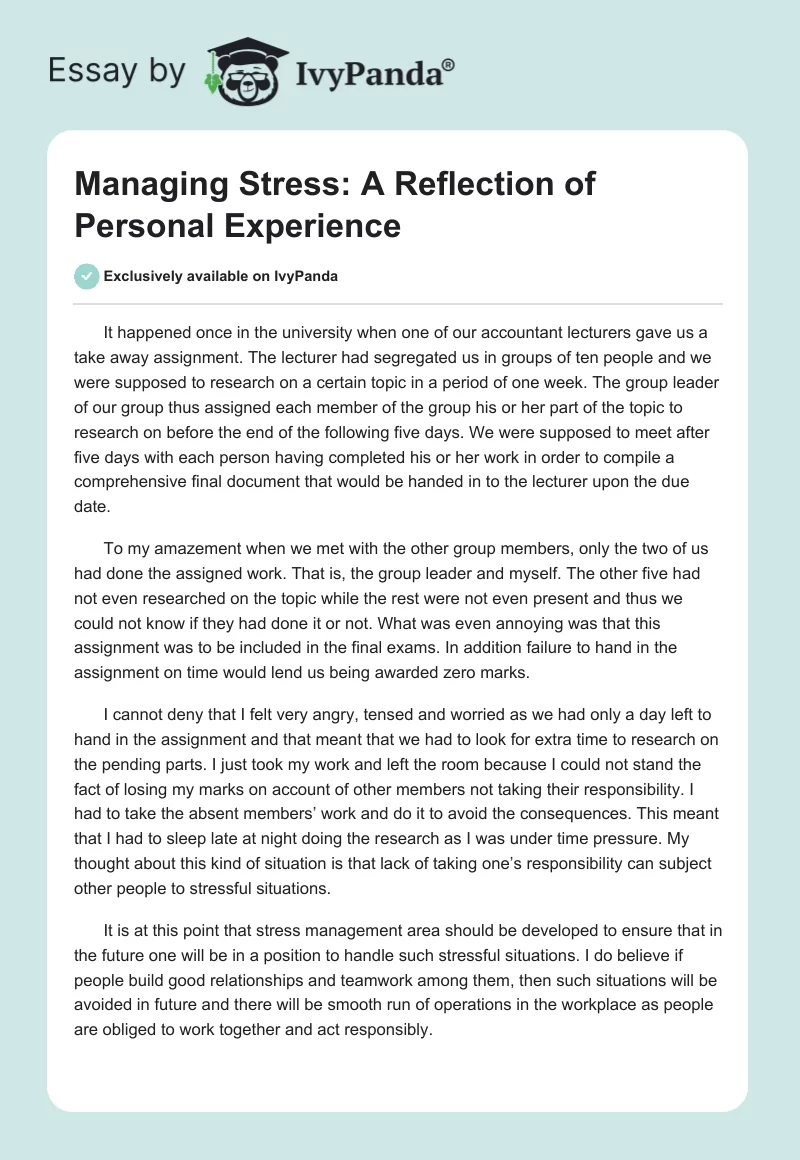 Managing Stress: A Reflection of Personal Experience. Page 1