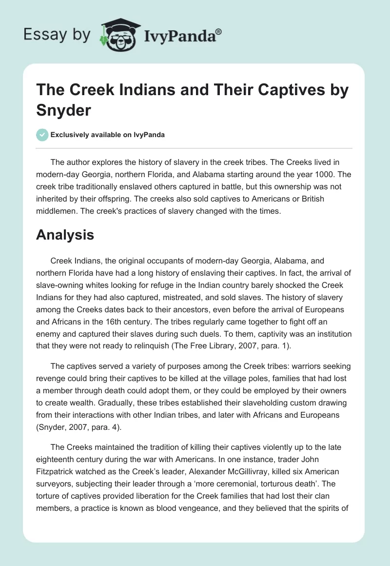 The Creek Indians and Their Captives by Snyder. Page 1