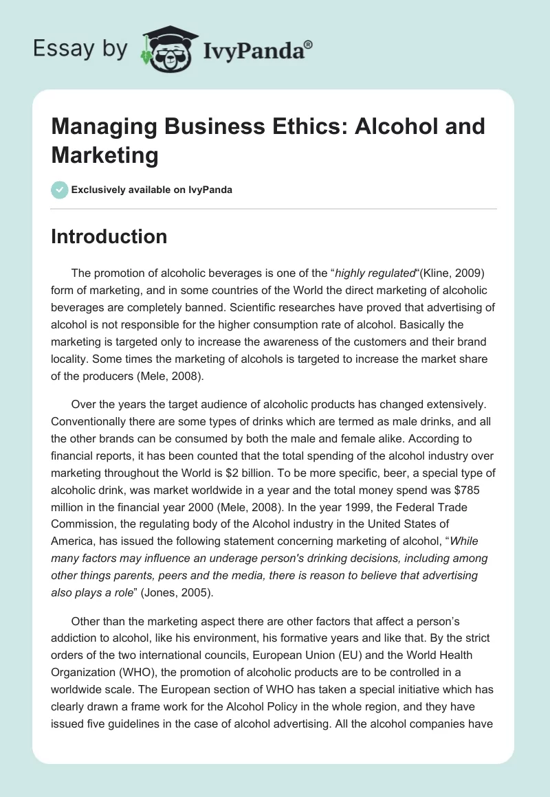 Managing Business Ethics: Alcohol and Marketing. Page 1